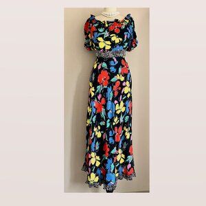 Rixo X Target Black Floral Maxi Dress Size 12 Off Shoulder Sleeve Polkadots NWOT